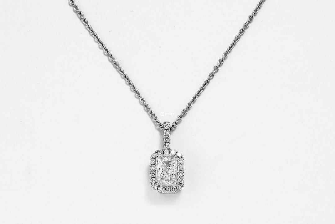 KELLY WHITEGOLD NECKLACE 1CT RADIANT CUT LAB DIAMOND WITH HALO SIDE STONE