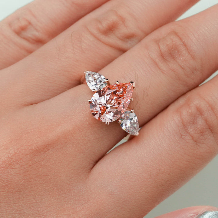 EMILY ROSEGOLD THREE STONES RING FANCY PINK PEAR BRILLIANT LAB DIAMOND