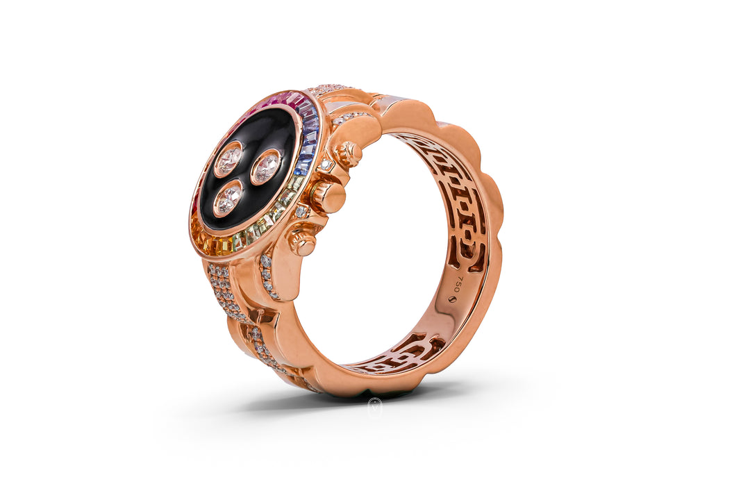 CUSTOM 'DAYTONA RAINBOW' RING 18K ROSEGOLD BLACK ENAMEL WITH NATURAL DIAMONDS