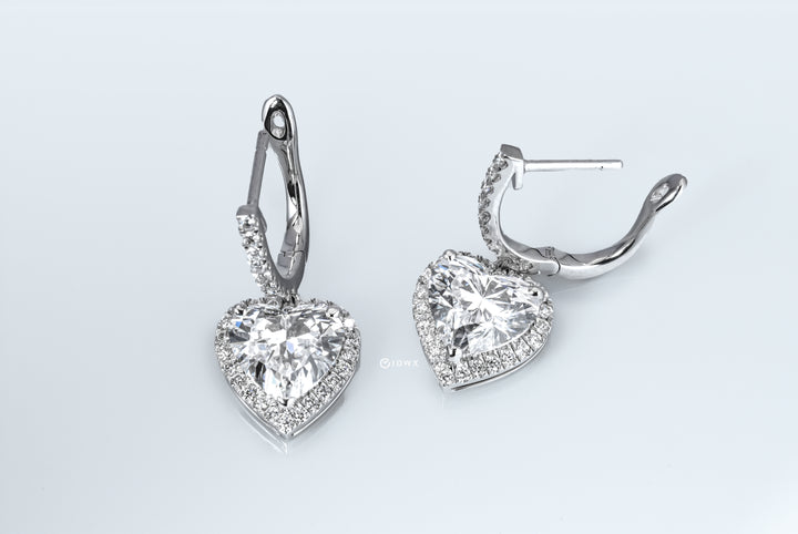 DROP WHITEGOLD HALO EARRINGS TOTAL 4CT HEART CUT LAB DIAMOND