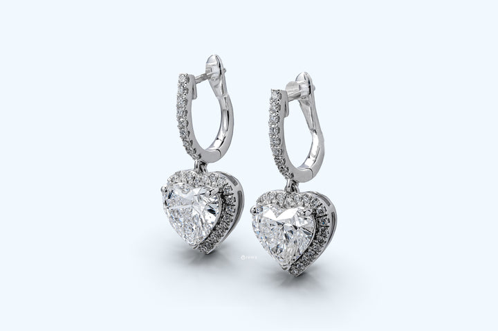 DROP WHITEGOLD HALO EARRINGS TOTAL 4CT HEART CUT LAB DIAMOND