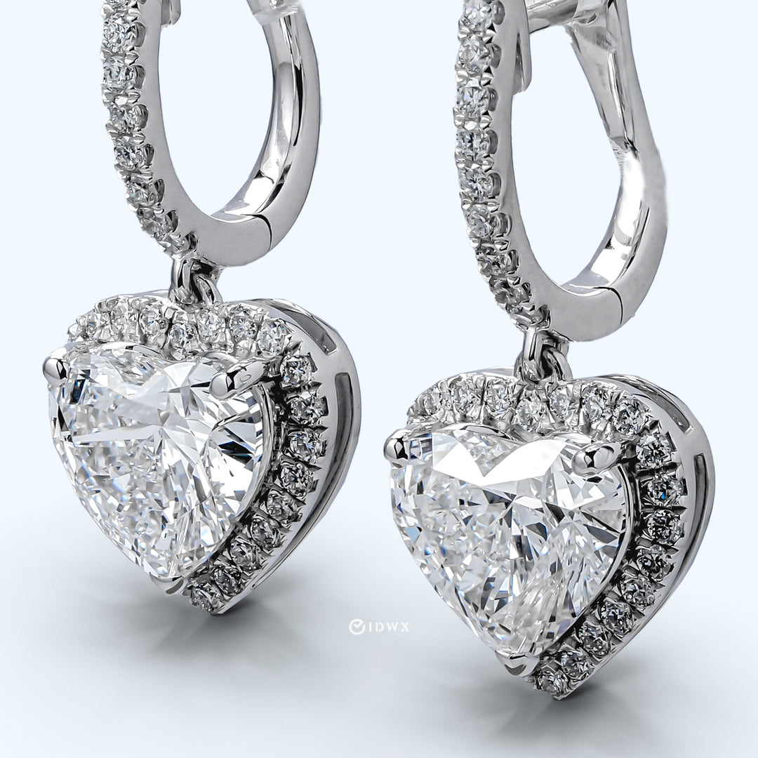 DROP WHITEGOLD HALO EARRINGS TOTAL 4CT HEART CUT LAB DIAMOND