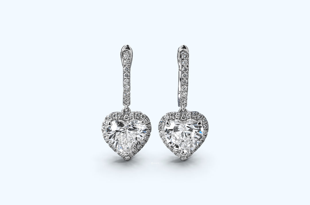 DROP WHITEGOLD HALO EARRINGS TOTAL 4CT HEART CUT LAB DIAMOND