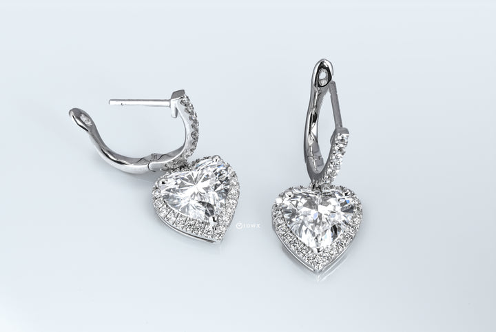 DROP WHITEGOLD HALO EARRINGS TOTAL 4CT HEART CUT LAB DIAMOND