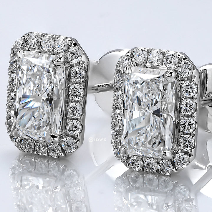 ABBEY WHITEGOLD EARRINGS 1CT RADIANT CUT LAB DIAMOND WITH HALO SIDE STONE