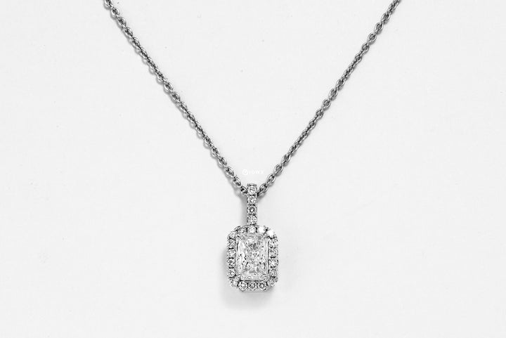 KELLY WHITEGOLD NECKLACE 1CT RADIANT CUT LAB DIAMOND WITH HALO SIDE STONE