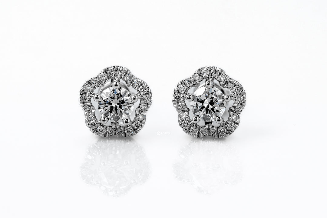 LAB DIAMOND 0.94CT ROUND BRILLIANT FLORAL HALO STUD WHITEGOLD EARRINGS