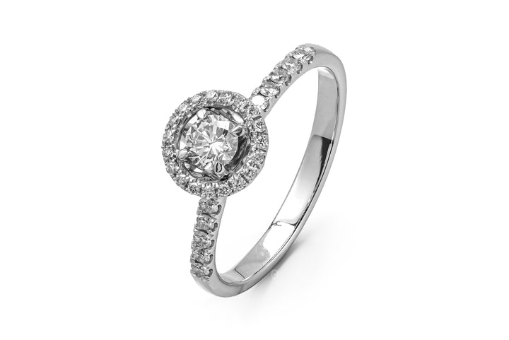 WHITEGOLD HALO RING 0.2CT ROUND CUT WITH SIDE STONE LAB DIAMOND