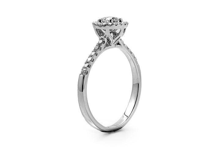 WHITEGOLD HALO RING 0.2CT ROUND CUT WITH SIDE STONE LAB DIAMOND