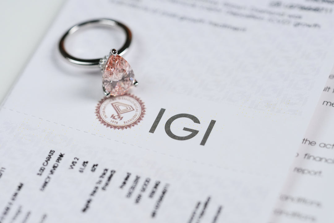 EMMA WHITEGOLD RING 3CT FANCY VIVID PINK PEAR CUT LAB DIAMOND WITH HIDEN HALO