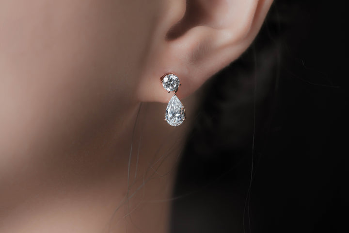 AMARIS DROP EARRINGS 1CT PEAR & 0.5CT ROUND CUT EACH LAB DIAMOND