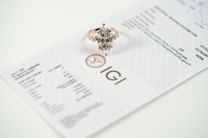 EMILY ROSEGOLD THREE STONE RING 5CT MARQUISE CUT LAB DIAMOND