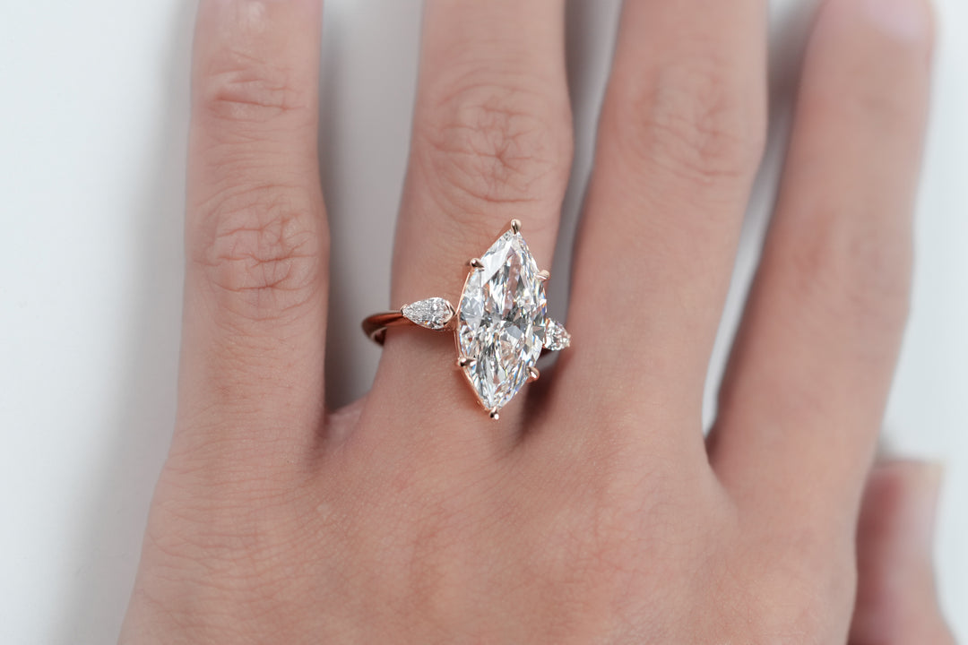 EMILY ROSEGOLD THREE STONE RING 5CT MARQUISE CUT LAB DIAMOND