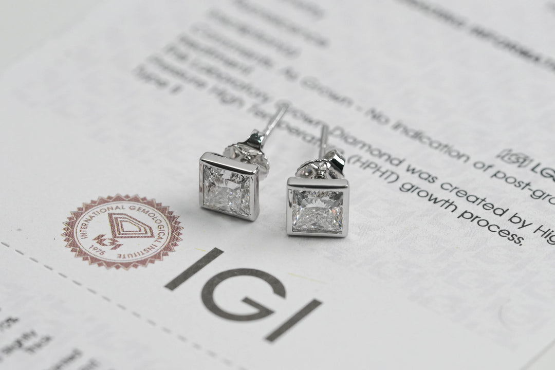 SIERRA WHITEGOLD STUD EARRINGS 1CT EACH PRINCESS CUT LAB DIAMOND