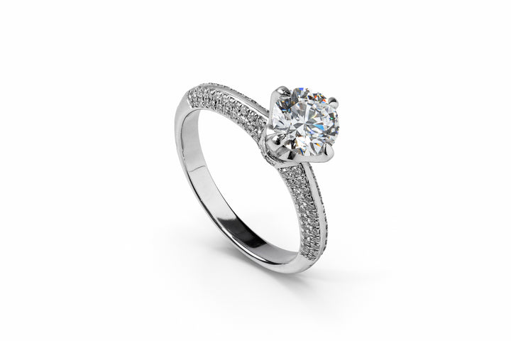 TIFFANY-STYLE PAVED SET WHITEGOLD RING 1CT ROUND CUT LAB DIAMOND