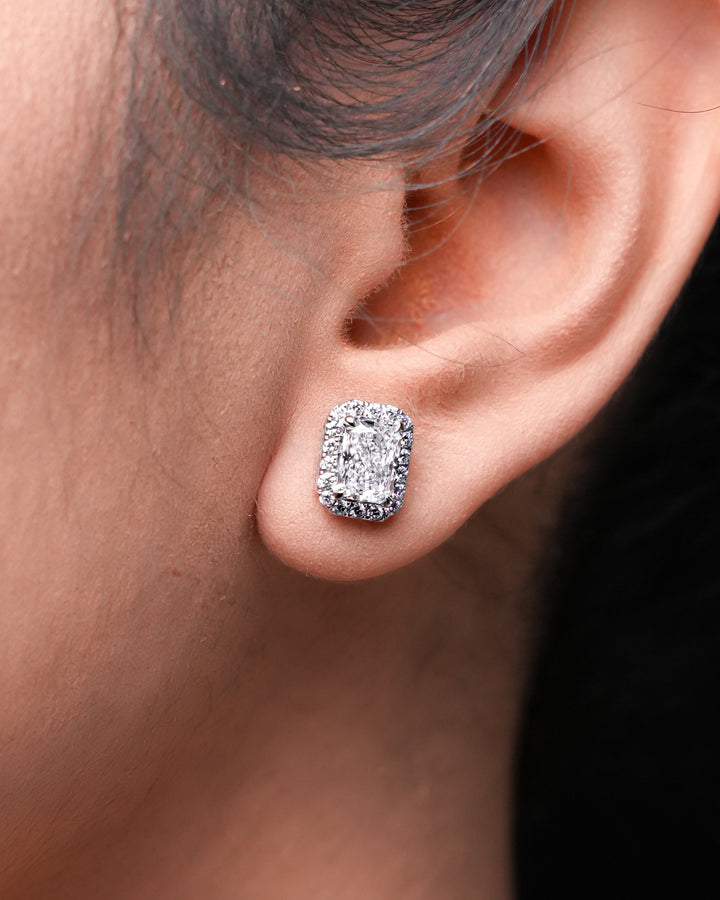 LAB DIAMOND 1CT RADIANT BRILLIANT HALO STUD WHITEGOLD EARRINGS