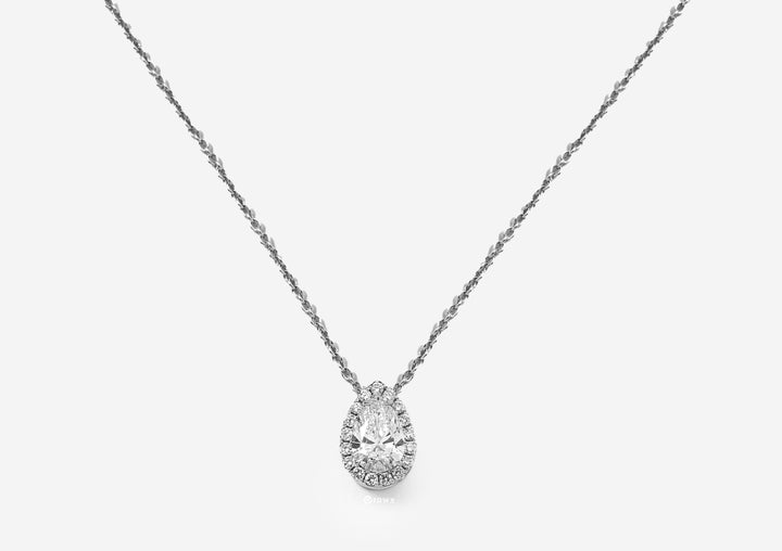 WHITEGOLD NECKLACE 1CT PEAR CUT LAB DIAMOND WITH HALO SIDE STONE