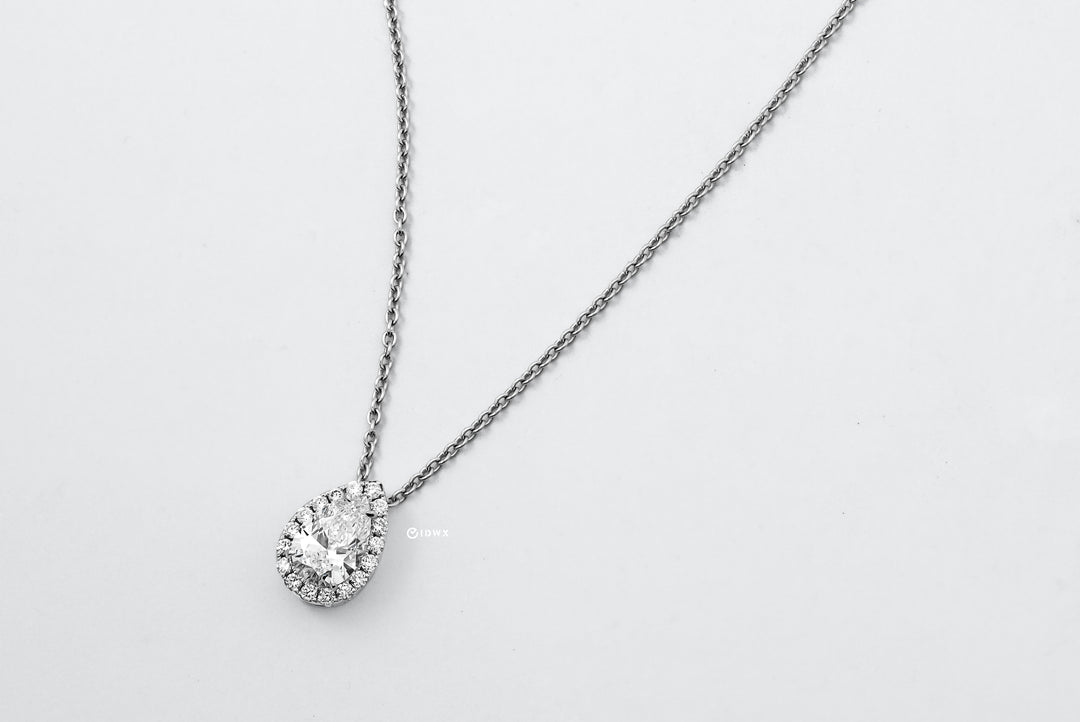 WHITEGOLD NECKLACE 1CT PEAR CUT LAB DIAMOND WITH HALO SIDE STONE