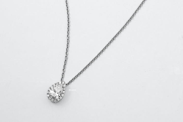 WHITEGOLD NECKLACE 1CT PEAR CUT LAB DIAMOND WITH HALO SIDE STONE