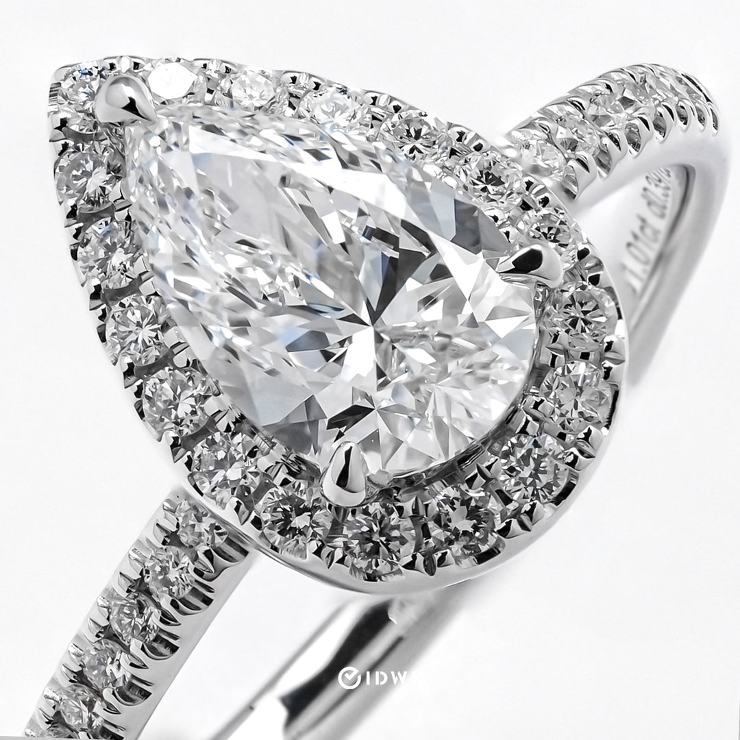 LAB DIAMOND 1CT PEAR BRILLIANT SIDE STONE WHITEGOLD HALO RING