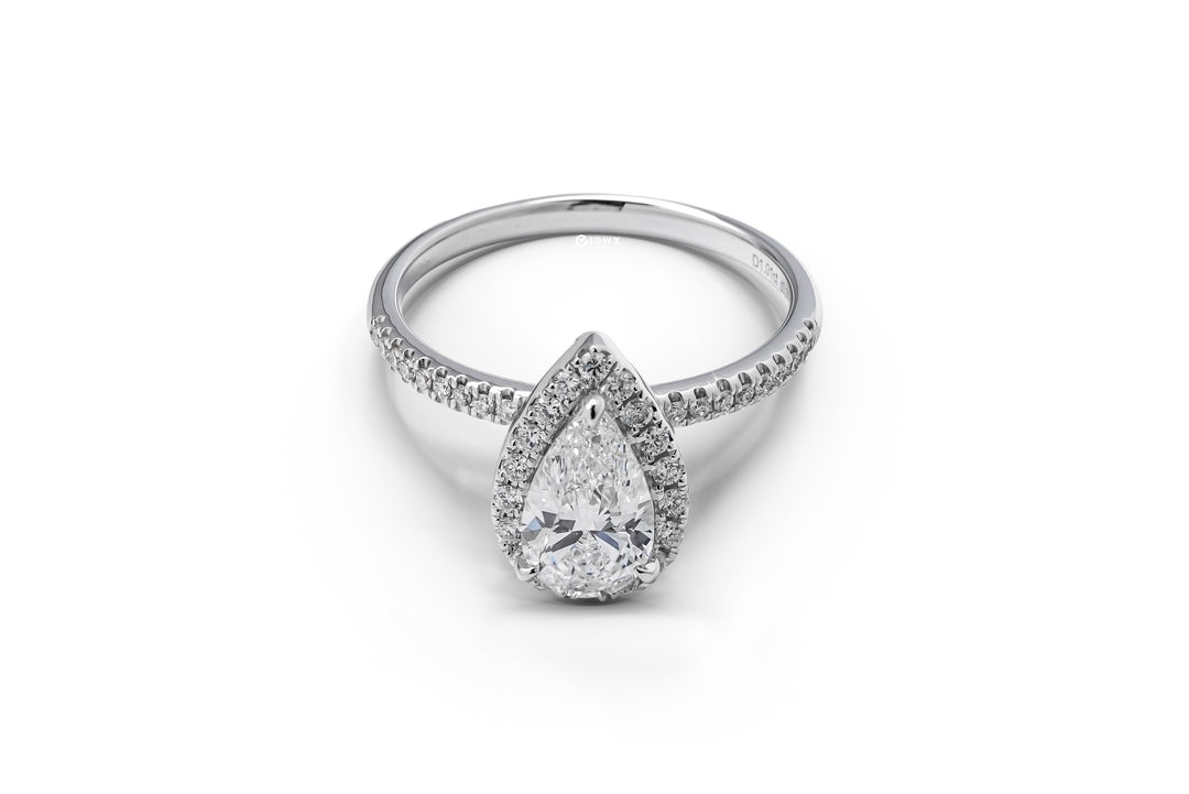 LAB DIAMOND 1CT PEAR BRILLIANT SIDE STONE WHITEGOLD HALO RING