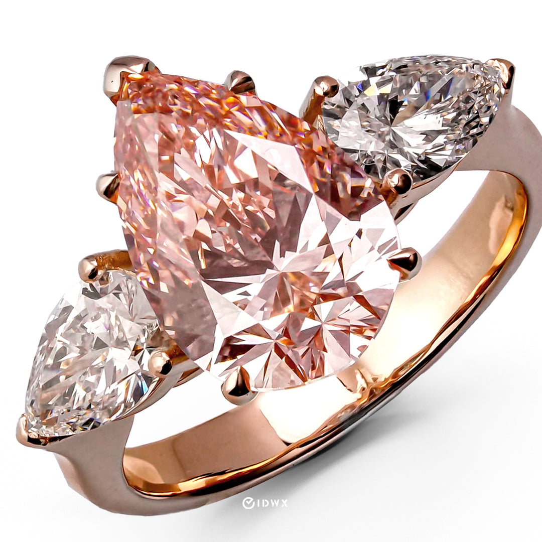 EMILY ROSEGOLD THREE STONES RING FANCY PINK PEAR BRILLIANT LAB DIAMOND