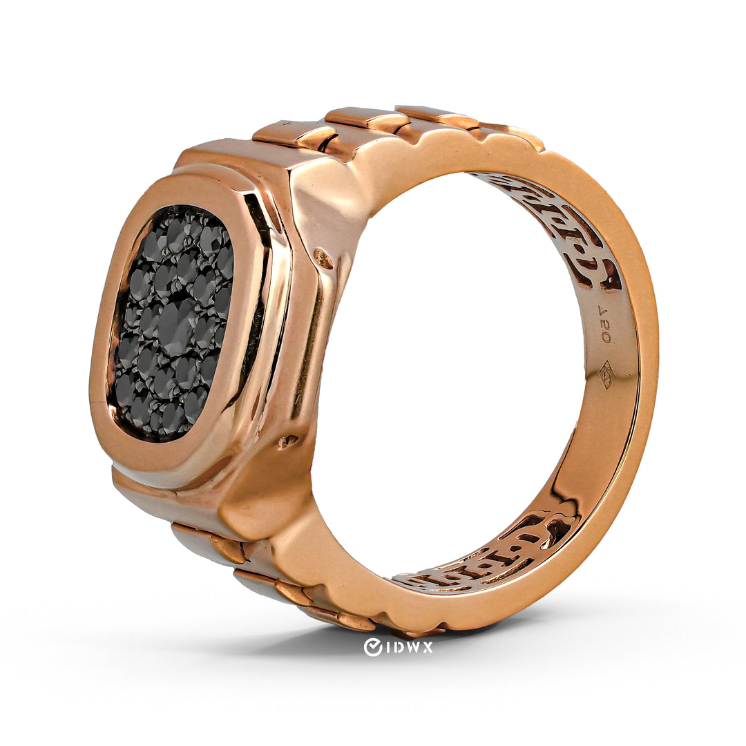 CUSTOM 'NAUTILUS' RING 18K ROSEGOLD WITH BLACK NATURAL DIAMONDS