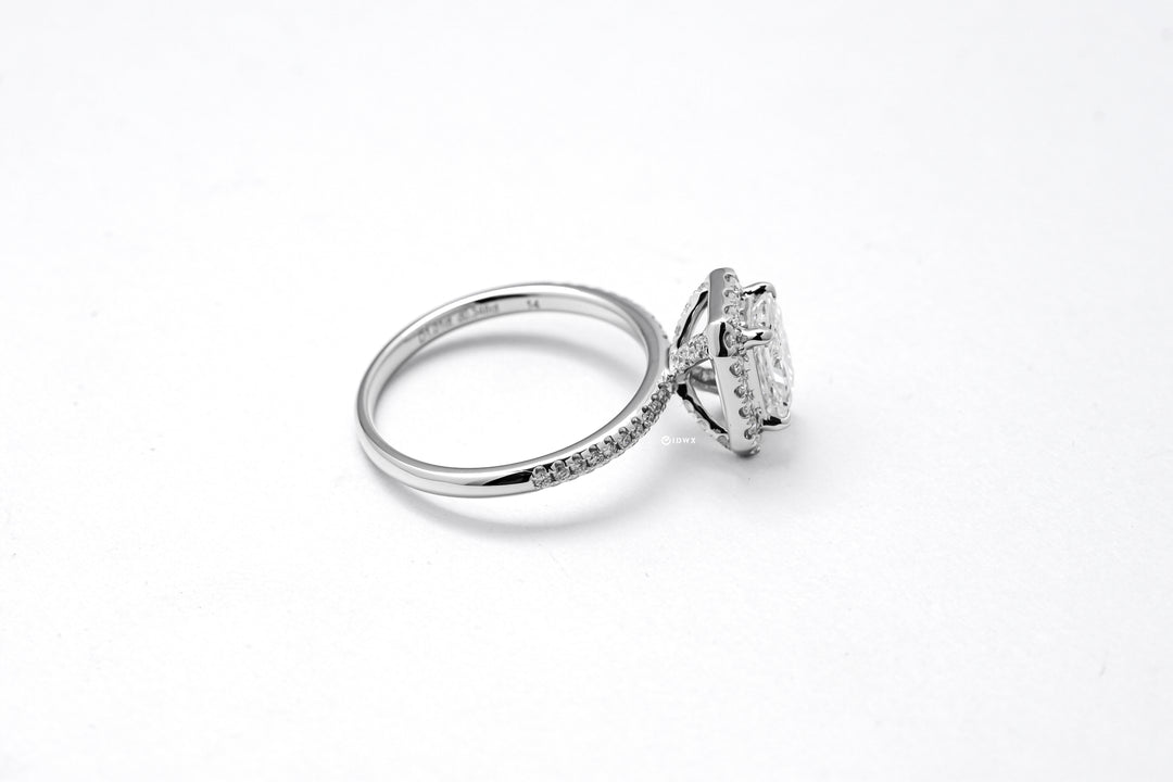 CELINE WHITEGOLD RING 1CT RADIANT CUT LAB DIAMOND WITH HALO SIDE STONE