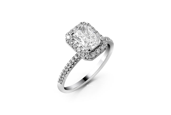 LAB DIAMOND 1CT RADIANT BRILLIANT SIDE STONE WHITEGOLD HALO RING