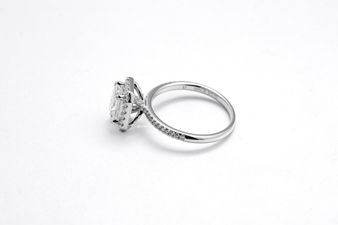 CELINE WHITEGOLD RING 1CT RADIANT CUT LAB DIAMOND WITH HALO SIDE STONE