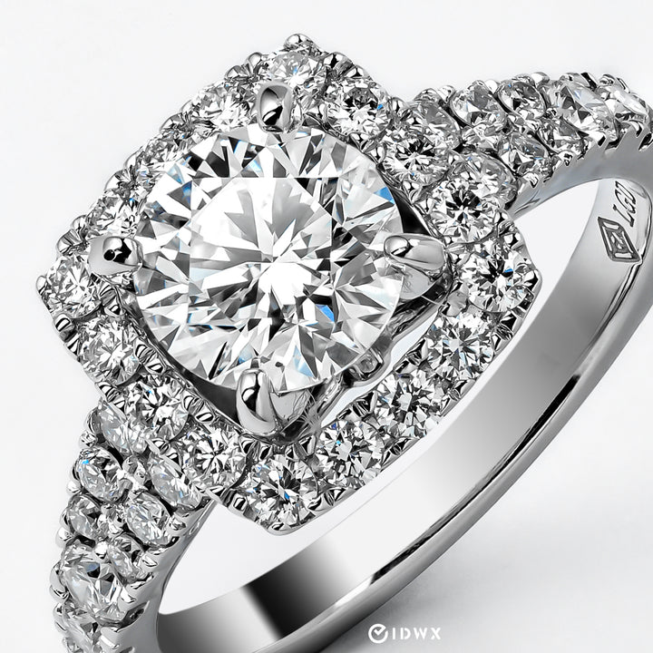 LAB DIAMOND 1.25CT ROUND BRILLIANT CUSHION HALO RUTH RING