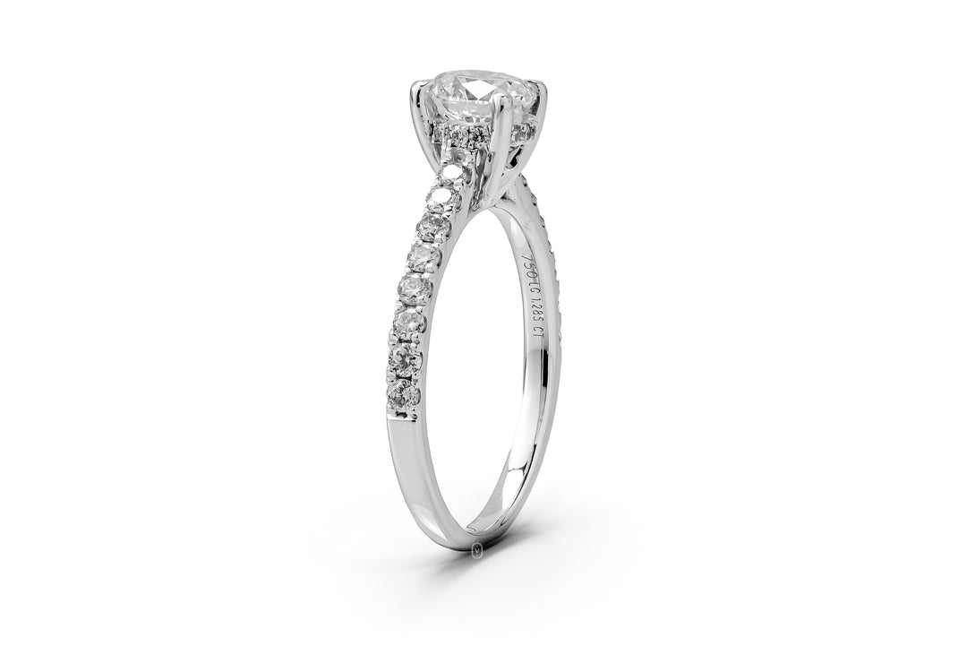 WHITEGOLD HIDDEN HALO RING 0.8CT ROUND CUT WITH SIDE STONE LAB DIAMOND