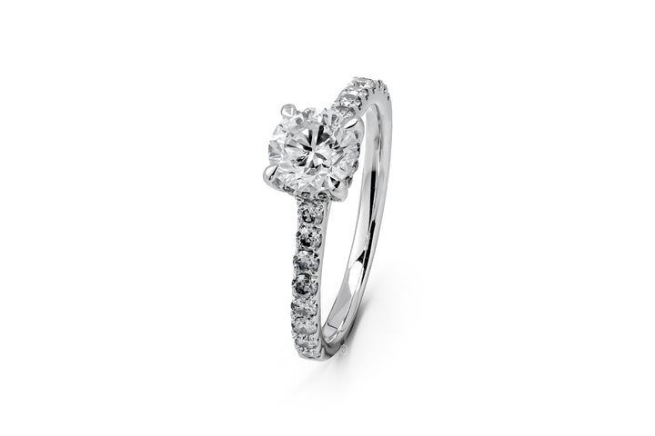 WHITEGOLD HIDDEN HALO RING 0.8CT ROUND CUT WITH SIDE STONE LAB DIAMOND