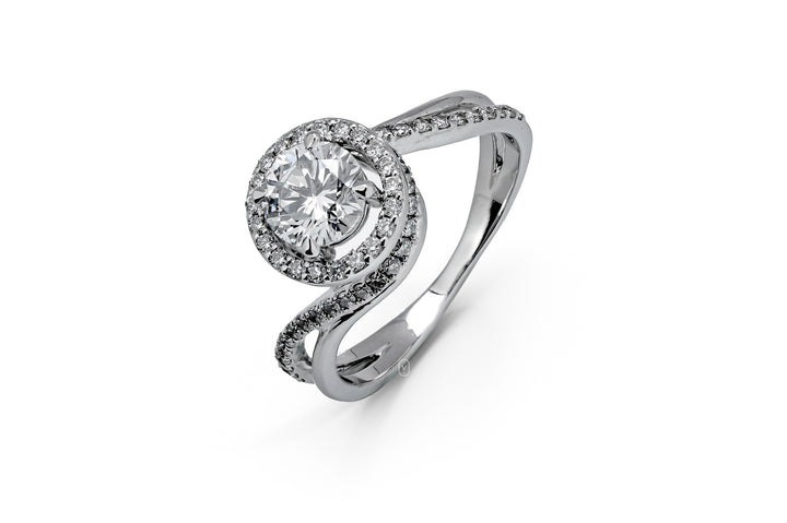 WHITEGOLD TWISTED HALO RING 0.8CT ROUND CUT WITH SIDE STONE LAB DIAMOND